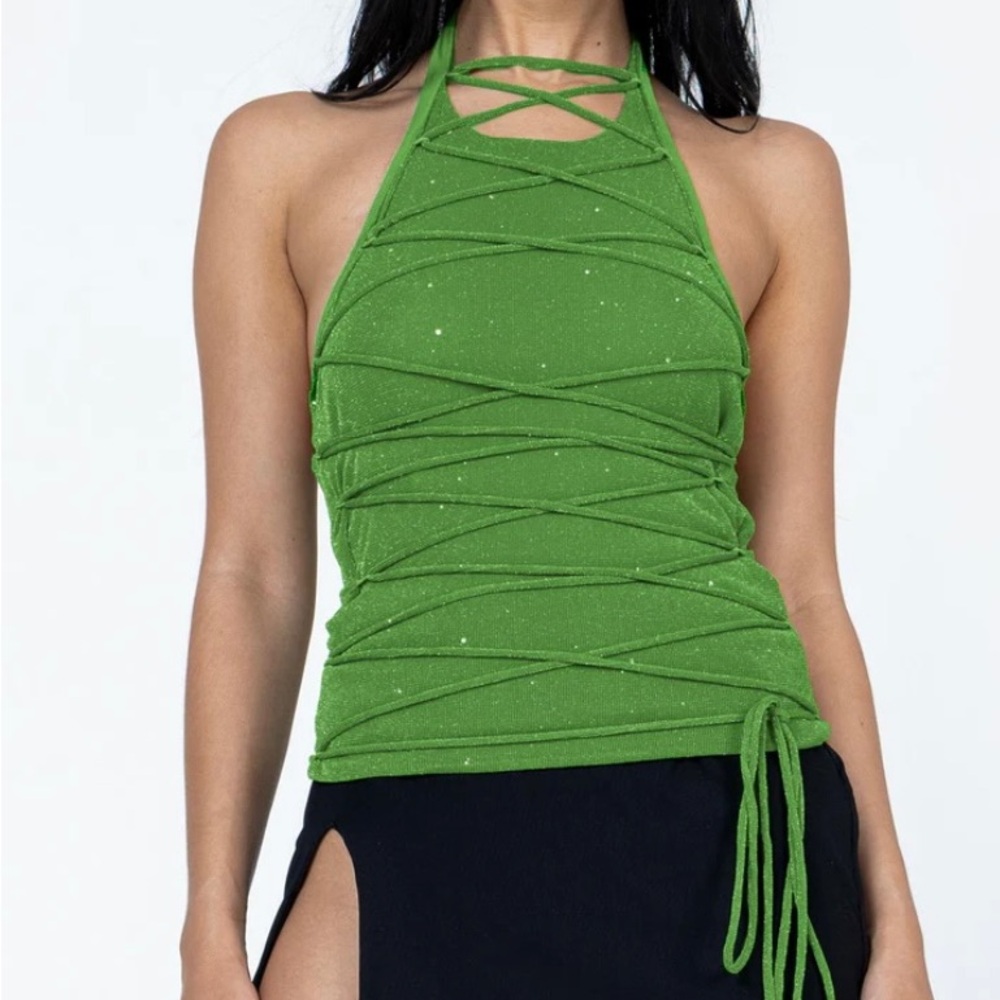 Green Sparkle Tie-Up Halter Top Size 4